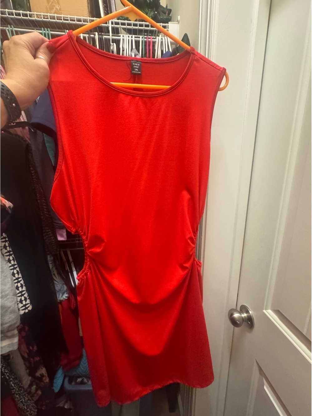 Red Ruched Midi Dress Sleeveless Stretch Fitted Sexy Evening Dress
